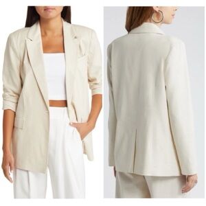 Open Edit Women’s Blazer L Beige Linen Blend Relaxed Fit Business Casual Career